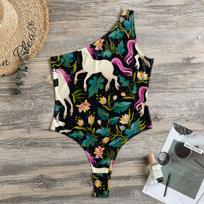Night Floral Unicorn Pattern Print One Shoulder Bodysuit