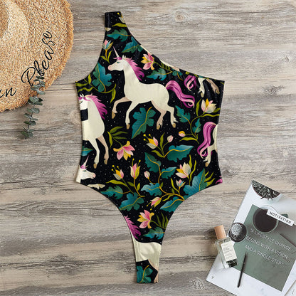 Night Floral Unicorn Pattern Print One Shoulder Bodysuit
