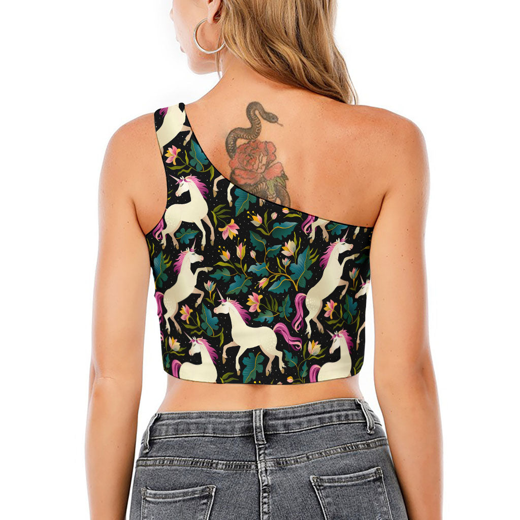 Night Floral Unicorn Pattern Print One Shoulder Crop Top