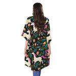 Night Floral Unicorn Pattern Print Open Front Beach Cover Up