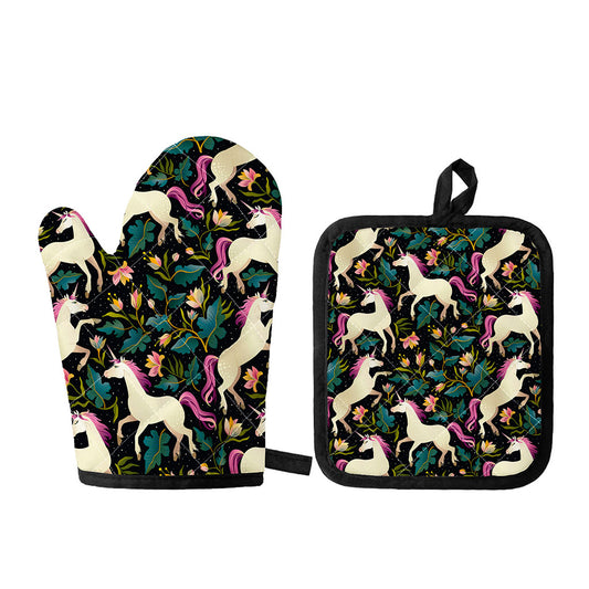 Night Floral Unicorn Pattern Print Oven Mitt And Pot Holder Set