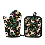 Night Floral Unicorn Pattern Print Oven Mitt And Pot Holder Set
