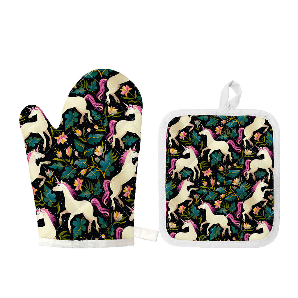Night Floral Unicorn Pattern Print Oven Mitt And Pot Holder Set