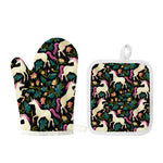 Night Floral Unicorn Pattern Print Oven Mitt And Pot Holder Set