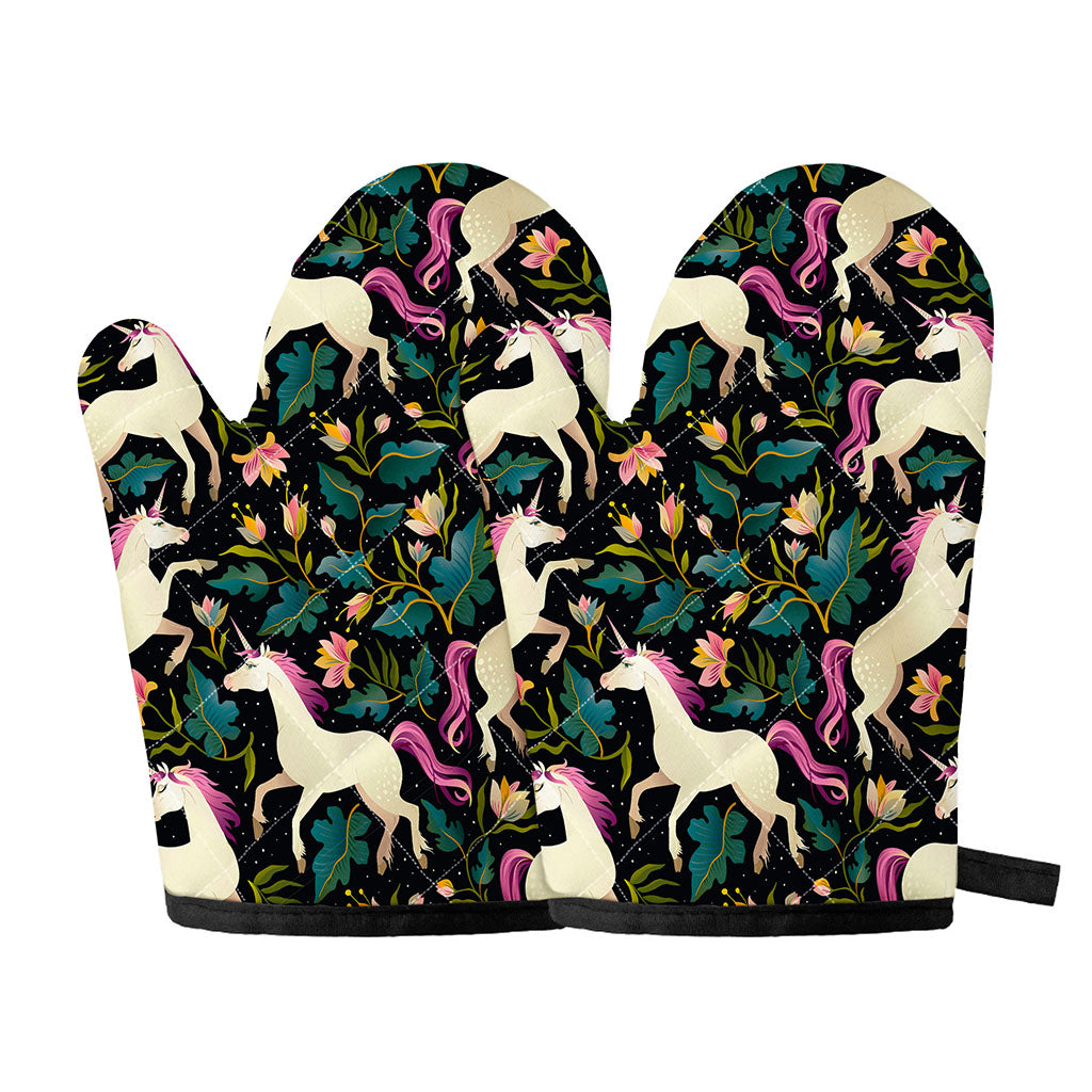 Night Floral Unicorn Pattern Print Oven Mitts