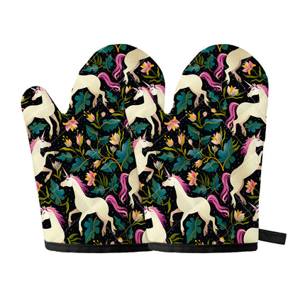 Night Floral Unicorn Pattern Print Oven Mitts