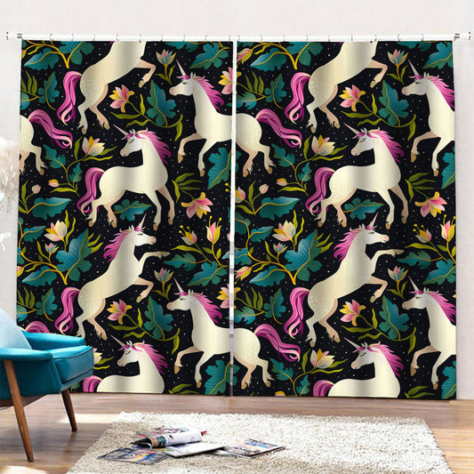 Night Floral Unicorn Pattern Print Pencil Pleat Curtains