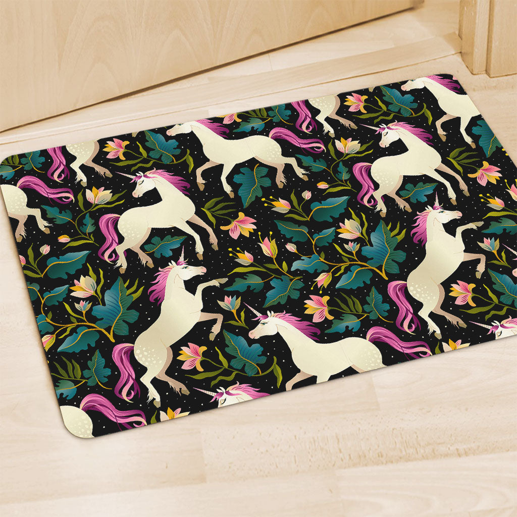 Night Floral Unicorn Pattern Print Polyester Doormat