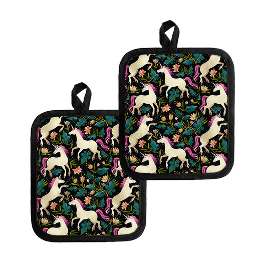 Night Floral Unicorn Pattern Print Pot Holders