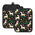 Night Floral Unicorn Pattern Print Pot Holders With Pocket