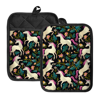 Night Floral Unicorn Pattern Print Pot Holders With Pocket