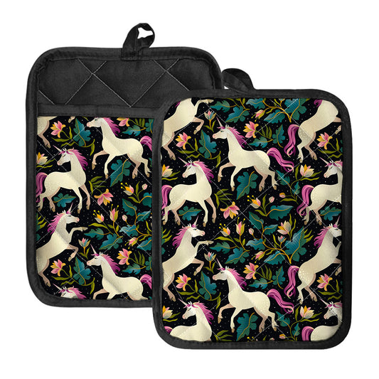 Night Floral Unicorn Pattern Print Pot Holders With Pocket