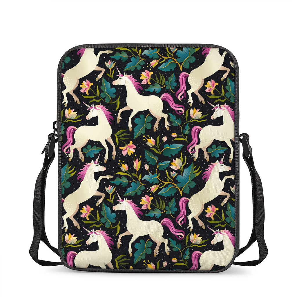 Night Floral Unicorn Pattern Print Rectangular Crossbody Bag