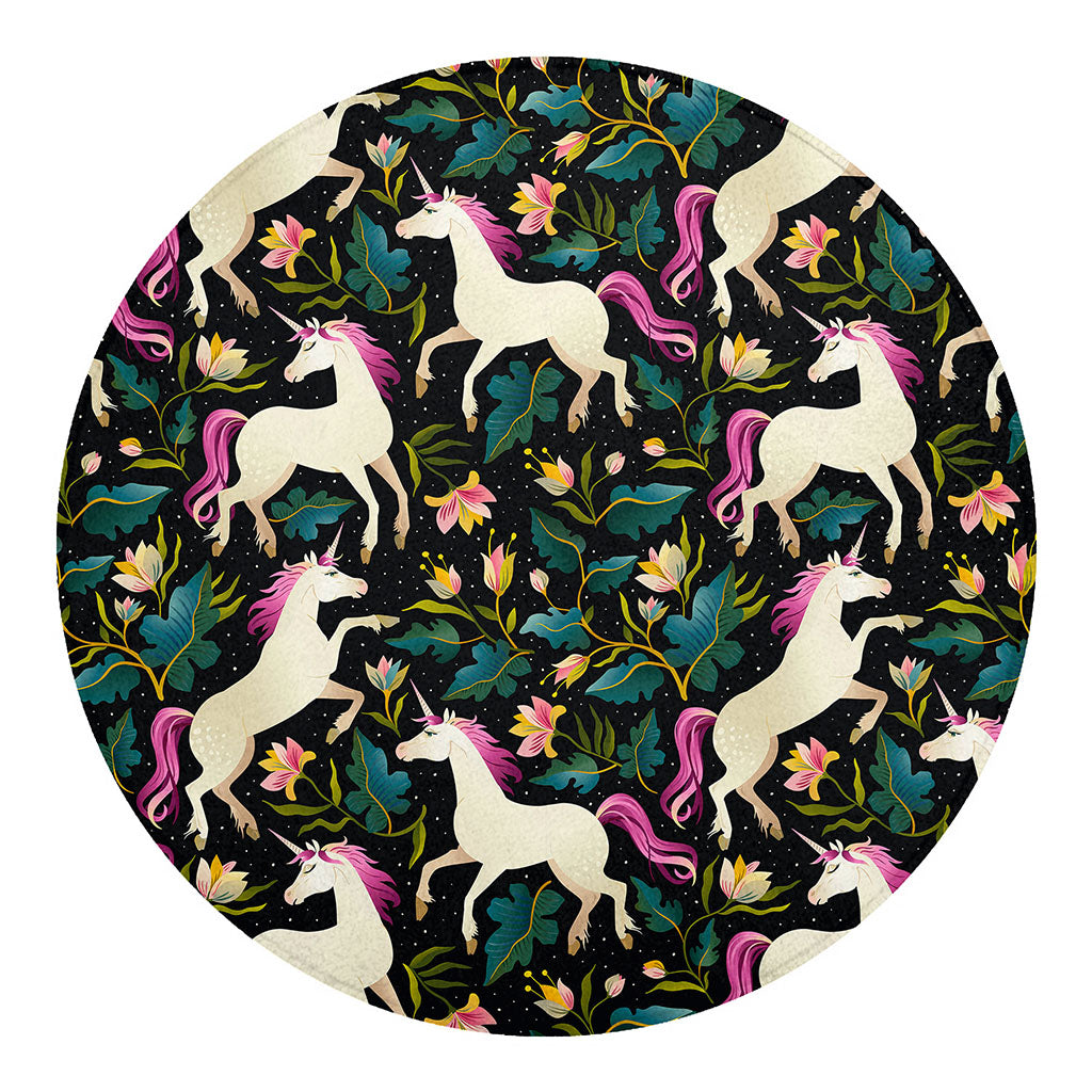 Night Floral Unicorn Pattern Print Round Blanket