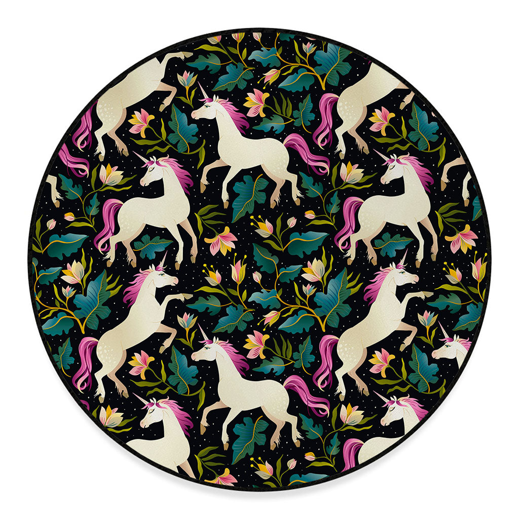 Night Floral Unicorn Pattern Print Round Floor Mat