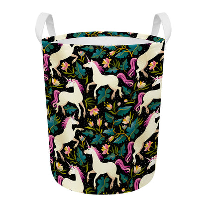 Night Floral Unicorn Pattern Print Round Laundry Basket