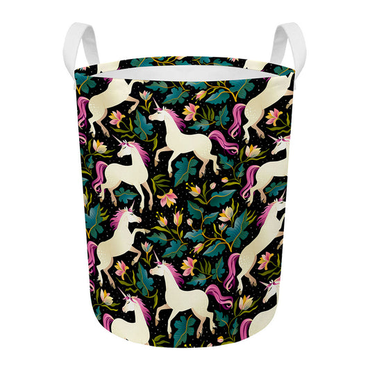 Night Floral Unicorn Pattern Print Round Laundry Basket