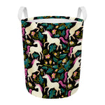 Night Floral Unicorn Pattern Print Round Laundry Basket