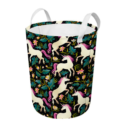 Night Floral Unicorn Pattern Print Round Laundry Basket