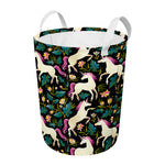 Night Floral Unicorn Pattern Print Round Laundry Basket