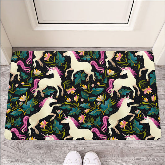 Night Floral Unicorn Pattern Print Rubber Doormat