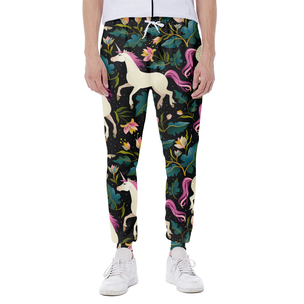 Night Floral Unicorn Pattern Print Scuba Joggers