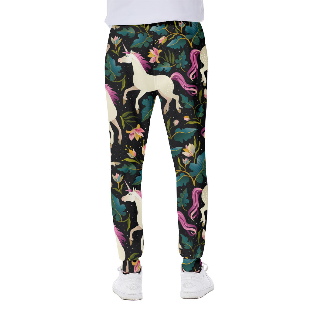 Night Floral Unicorn Pattern Print Scuba Joggers