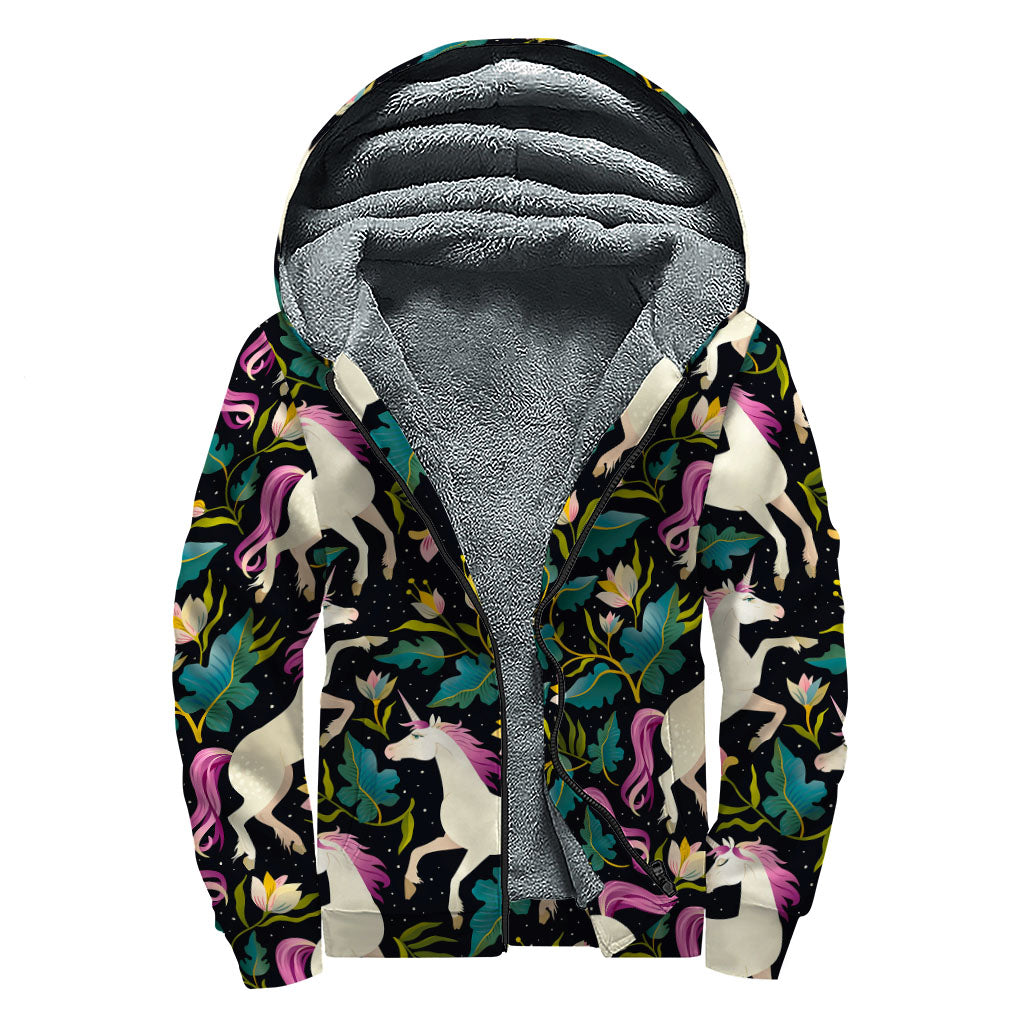 Night Floral Unicorn Pattern Print Sherpa Lined Zip Up Hoodie