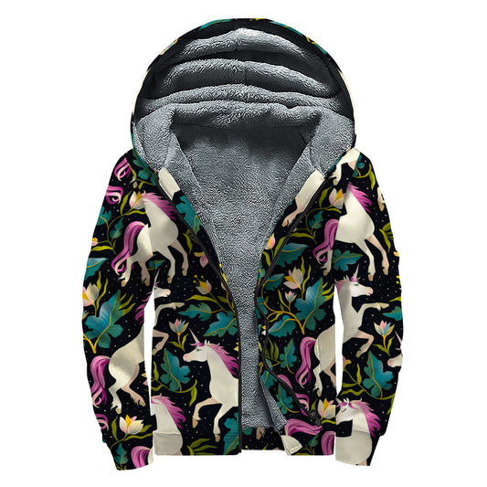 Night Floral Unicorn Pattern Print Sherpa Lined Zip Up Hoodie