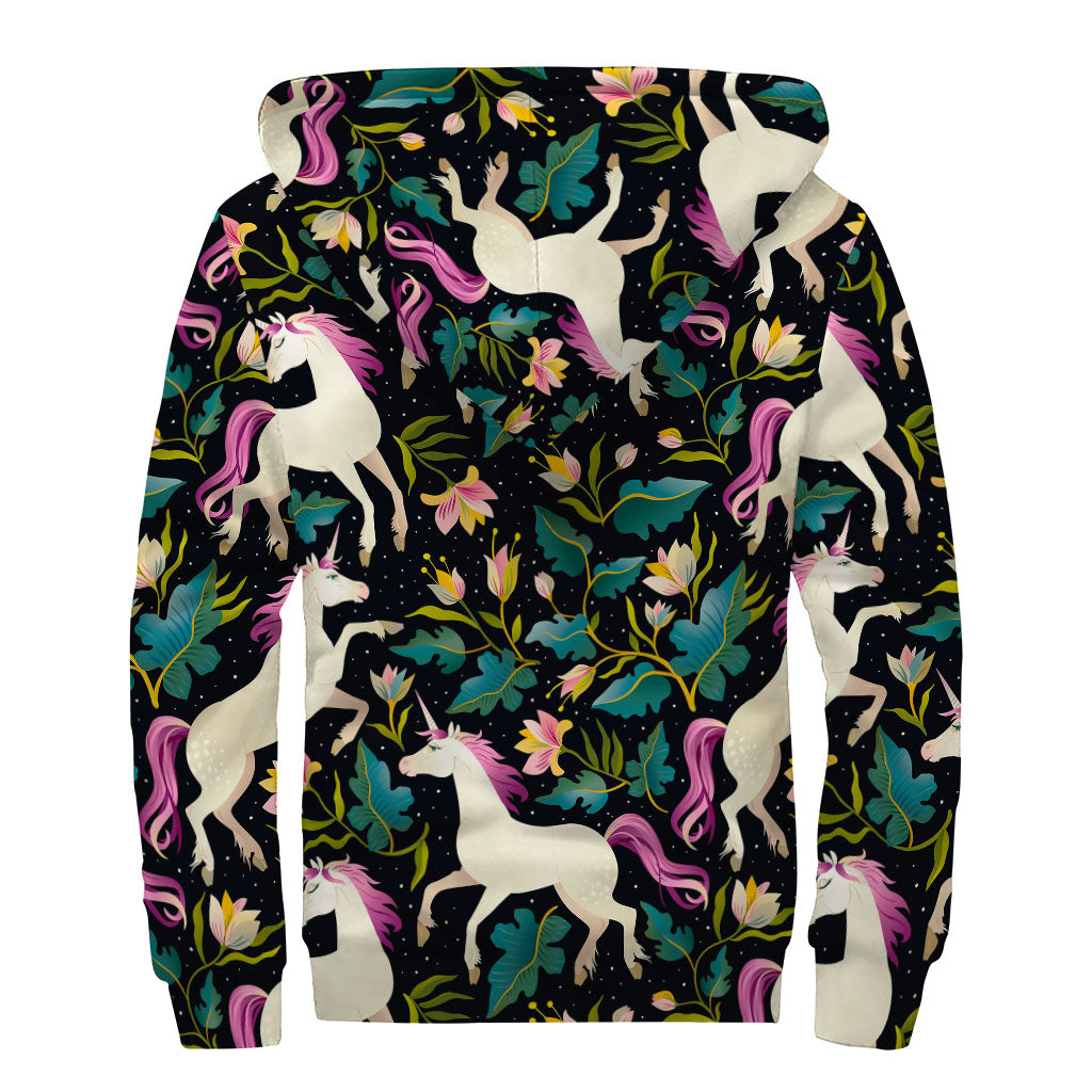 Night Floral Unicorn Pattern Print Sherpa Lined Zip Up Hoodie