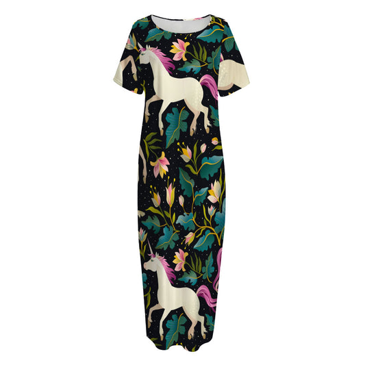 Night Floral Unicorn Pattern Print Short Sleeve Long Nightdress