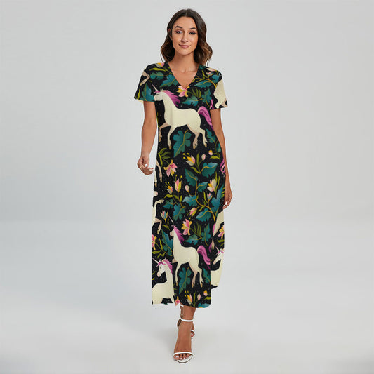 Night Floral Unicorn Pattern Print Short Sleeve Maxi Dress