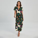 Night Floral Unicorn Pattern Print Short Sleeve Maxi Dress
