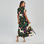 Night Floral Unicorn Pattern Print Short Sleeve Maxi Dress