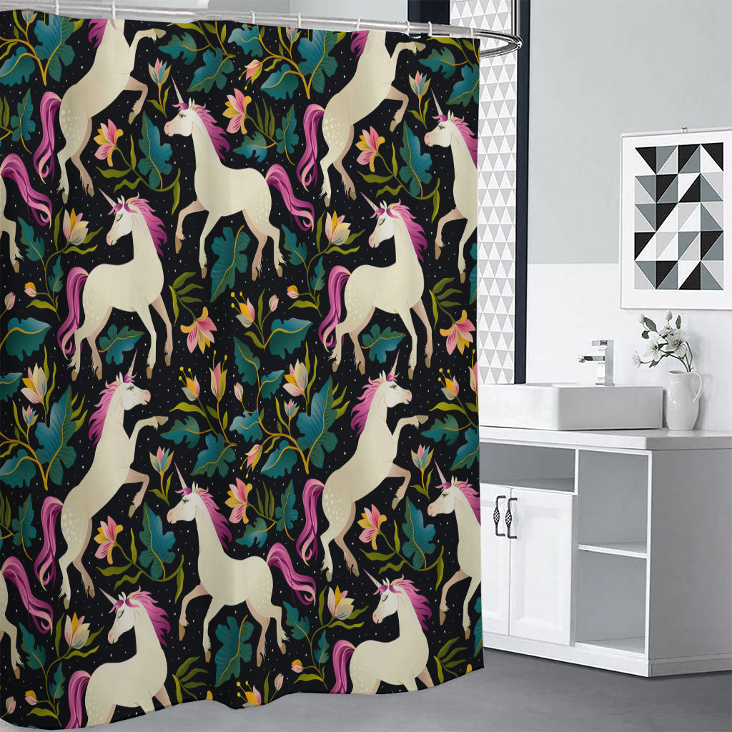 Night Floral Unicorn Pattern Print Shower Curtain