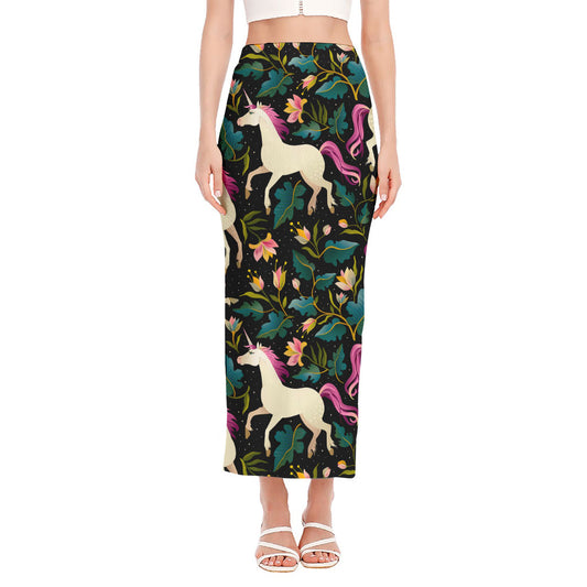 Night Floral Unicorn Pattern Print Side Slit Maxi Skirt