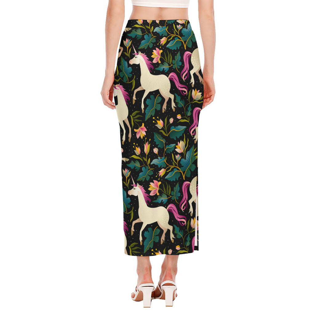 Night Floral Unicorn Pattern Print Side Slit Maxi Skirt