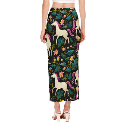 Night Floral Unicorn Pattern Print Side Slit Maxi Skirt