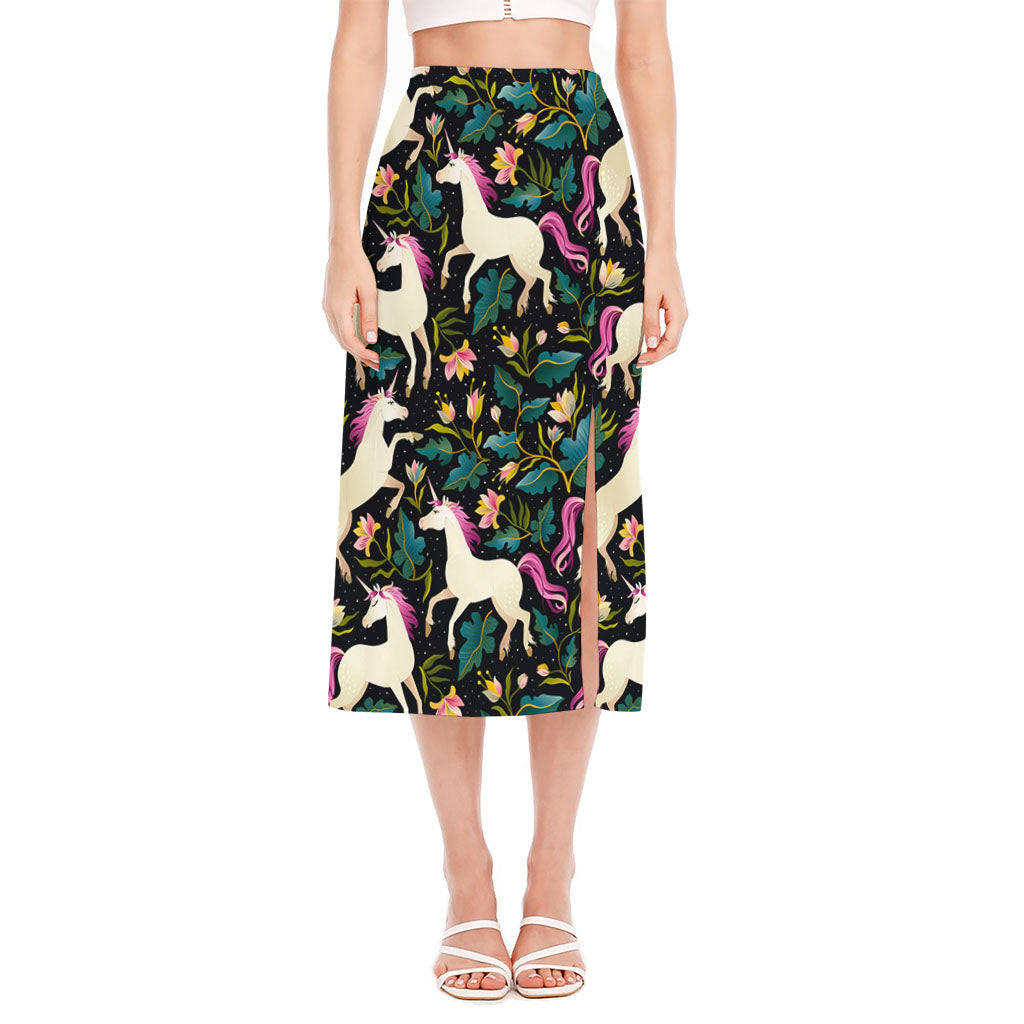 Night Floral Unicorn Pattern Print Side Slit Midi Skirt