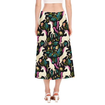 Night Floral Unicorn Pattern Print Side Slit Midi Skirt
