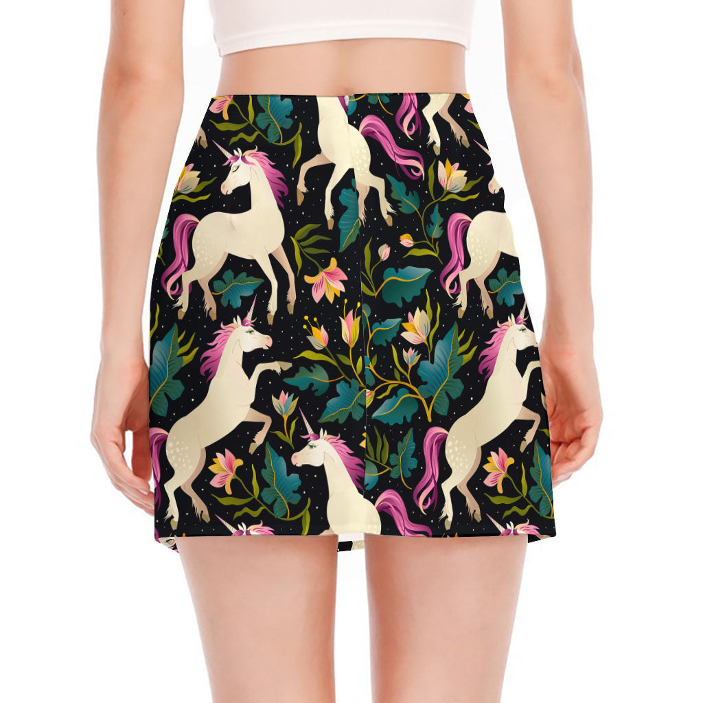 Night Floral Unicorn Pattern Print Side Slit Mini Skirt