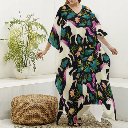 Night Floral Unicorn Pattern Print Silk V-Neck Kaftan Dress