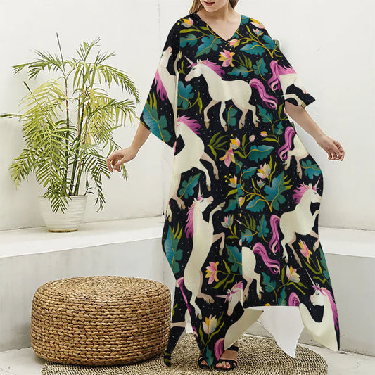 Night Floral Unicorn Pattern Print Silk V-Neck Kaftan Dress