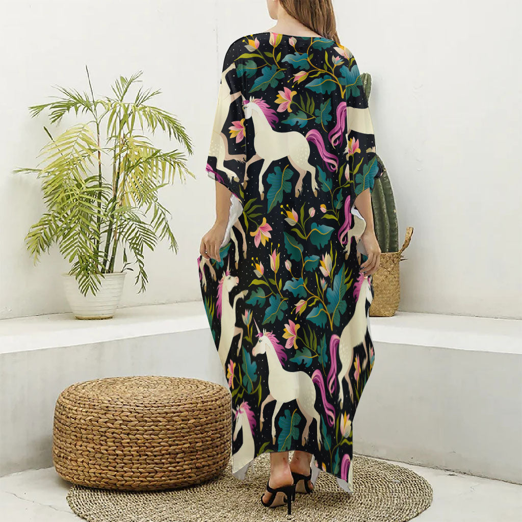 Night Floral Unicorn Pattern Print Silk V-Neck Kaftan Dress