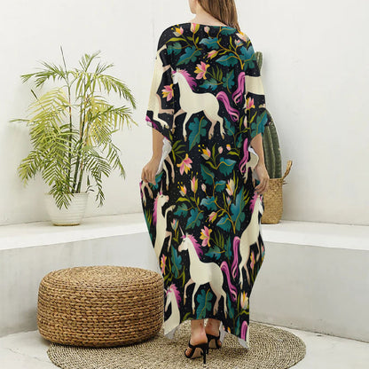 Night Floral Unicorn Pattern Print Silk V-Neck Kaftan Dress