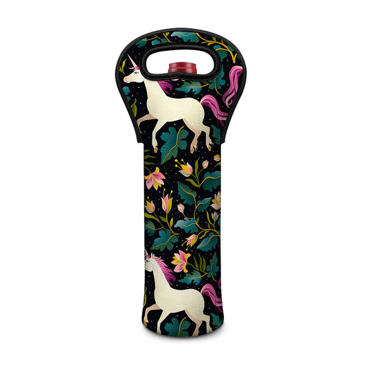 Night Floral Unicorn Pattern Print Single Neoprene Wine Tote
