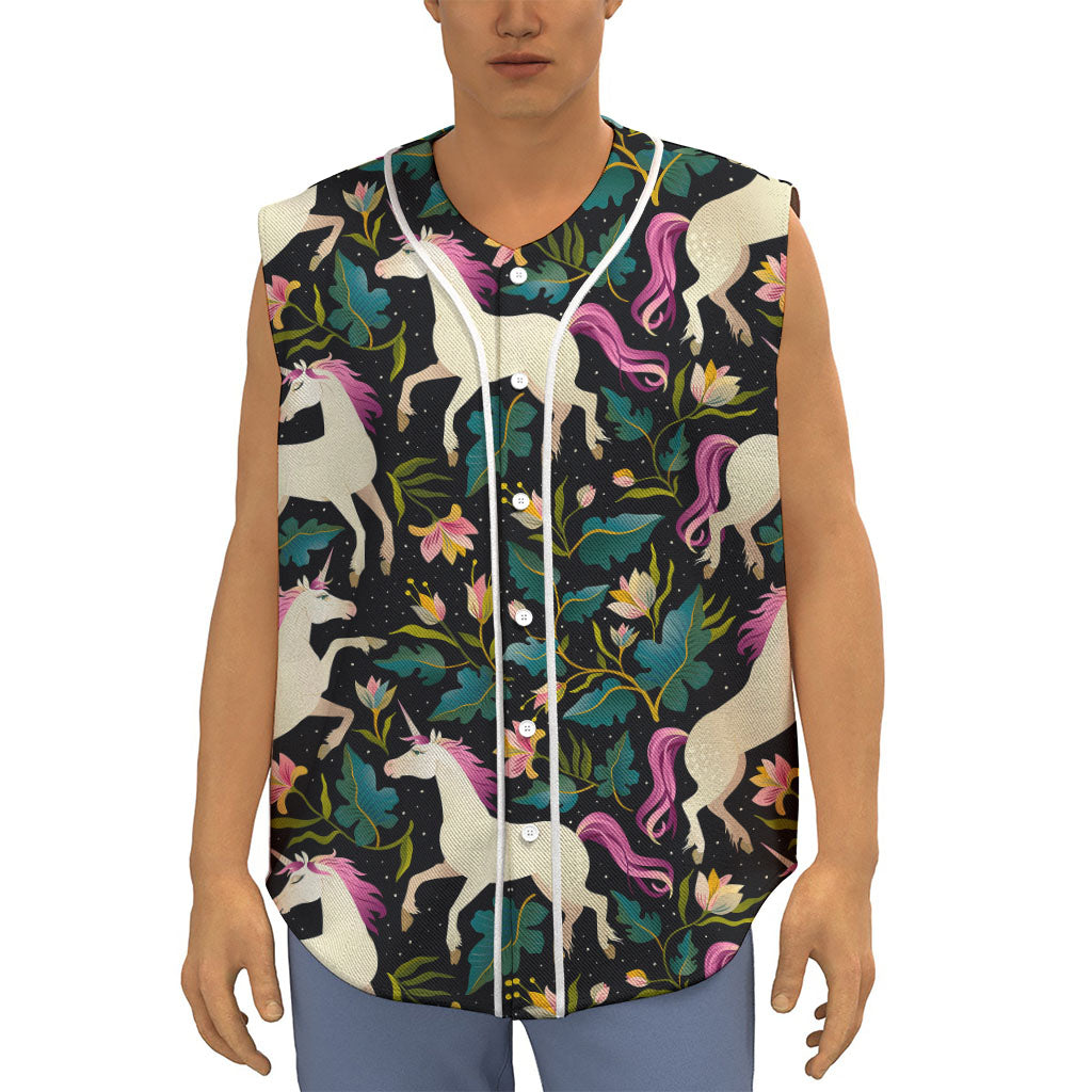 Night Floral Unicorn Pattern Print Sleeveless Baseball Jersey
