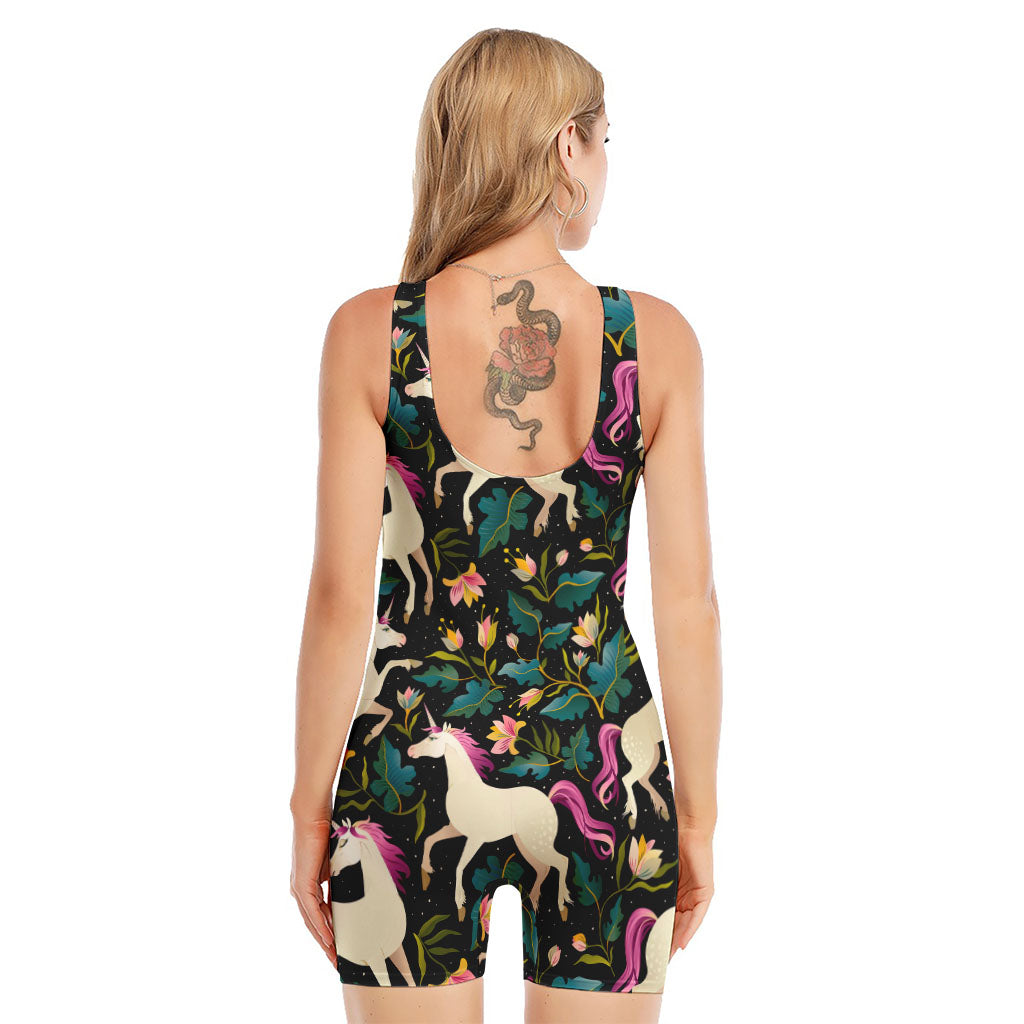 Night Floral Unicorn Pattern Print Sleeveless One Piece Swimsuit