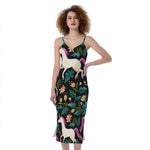 Night Floral Unicorn Pattern Print Slim Fit Midi Cami Dress