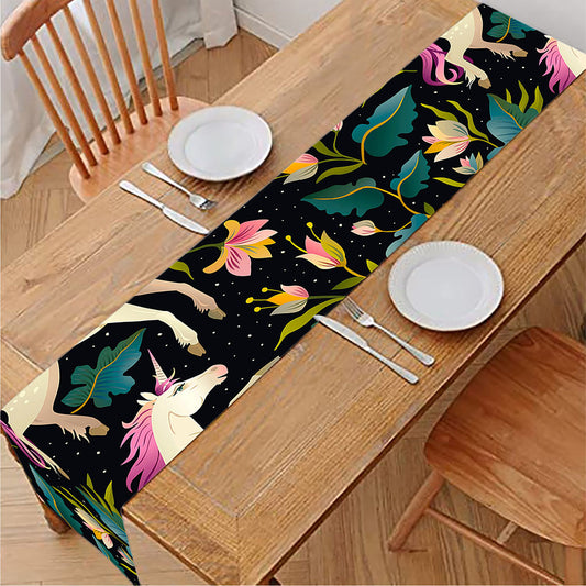 Night Floral Unicorn Pattern Print Table Runner